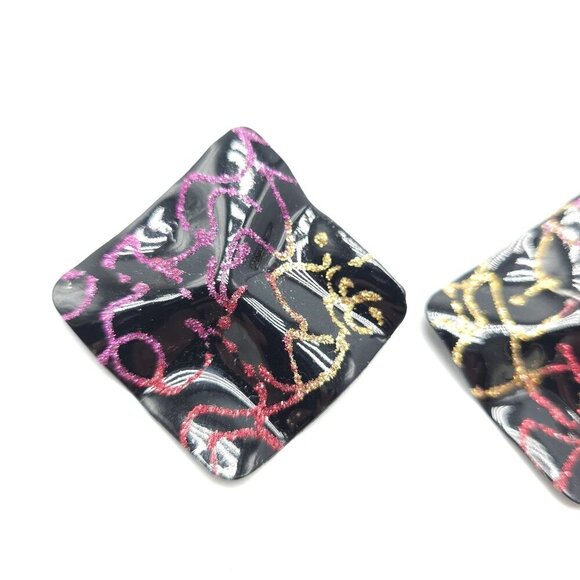 Vintage 1980s Abstract Black Enamel Earrings With Pink Gold Swirls - Picture 2 of 4